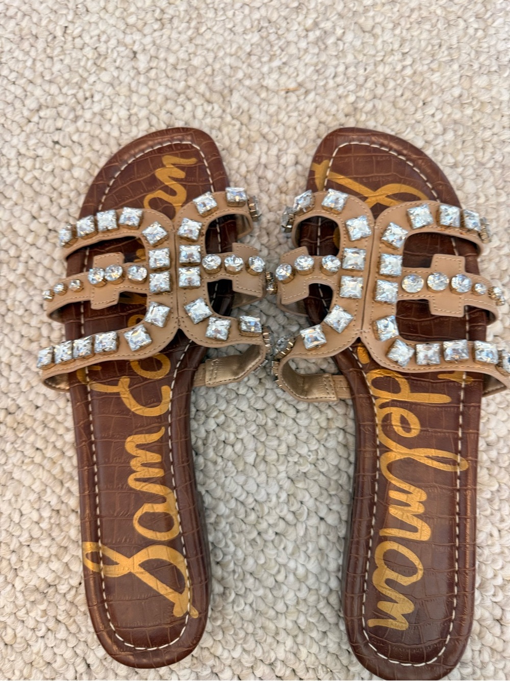 Sam Edelman Tan Jeweled Double-Strap Slide Sandals